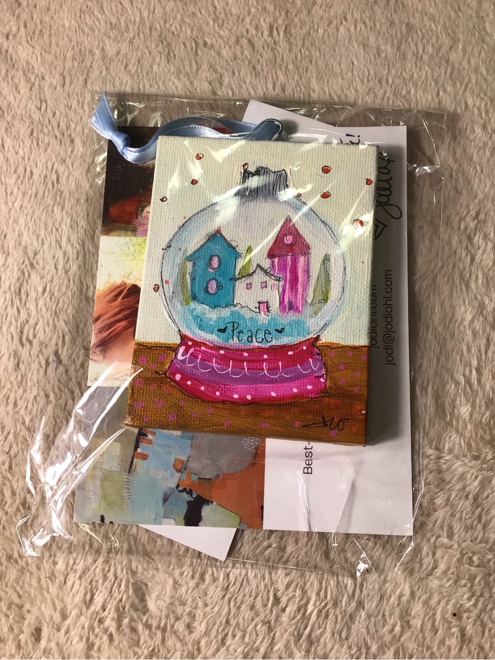 Mini Snow Globe Canvas Art - Blue & Pink Peace Design